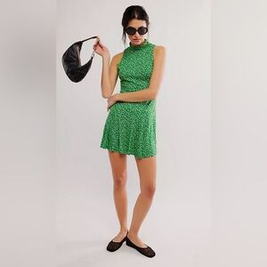 Free People Check It Mini Dress NWOT Size L Sharp Green Combo Ditsy